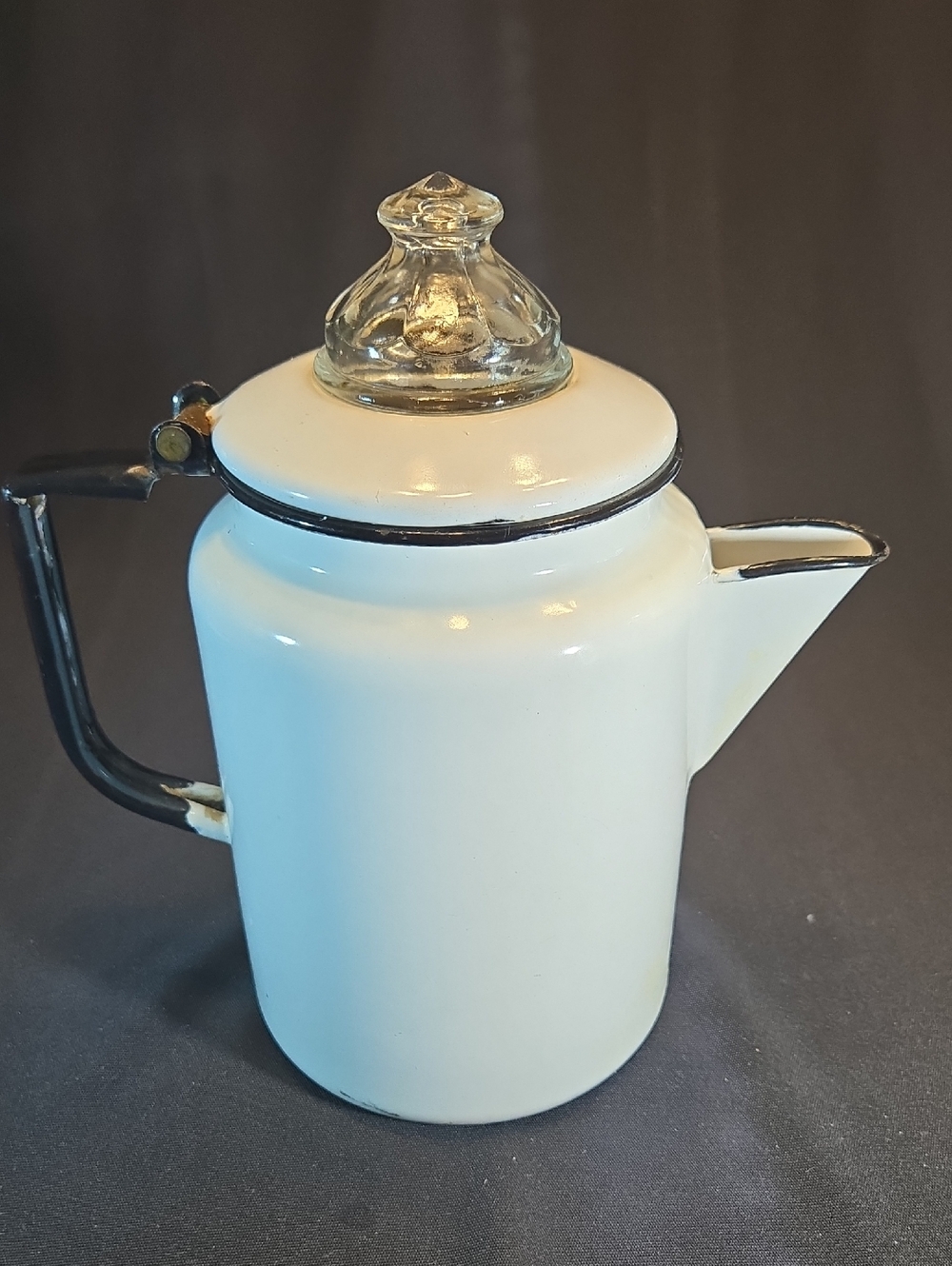 Vintage Antique White Enamel Coffee Pot with Glass Lid and Black Trim
